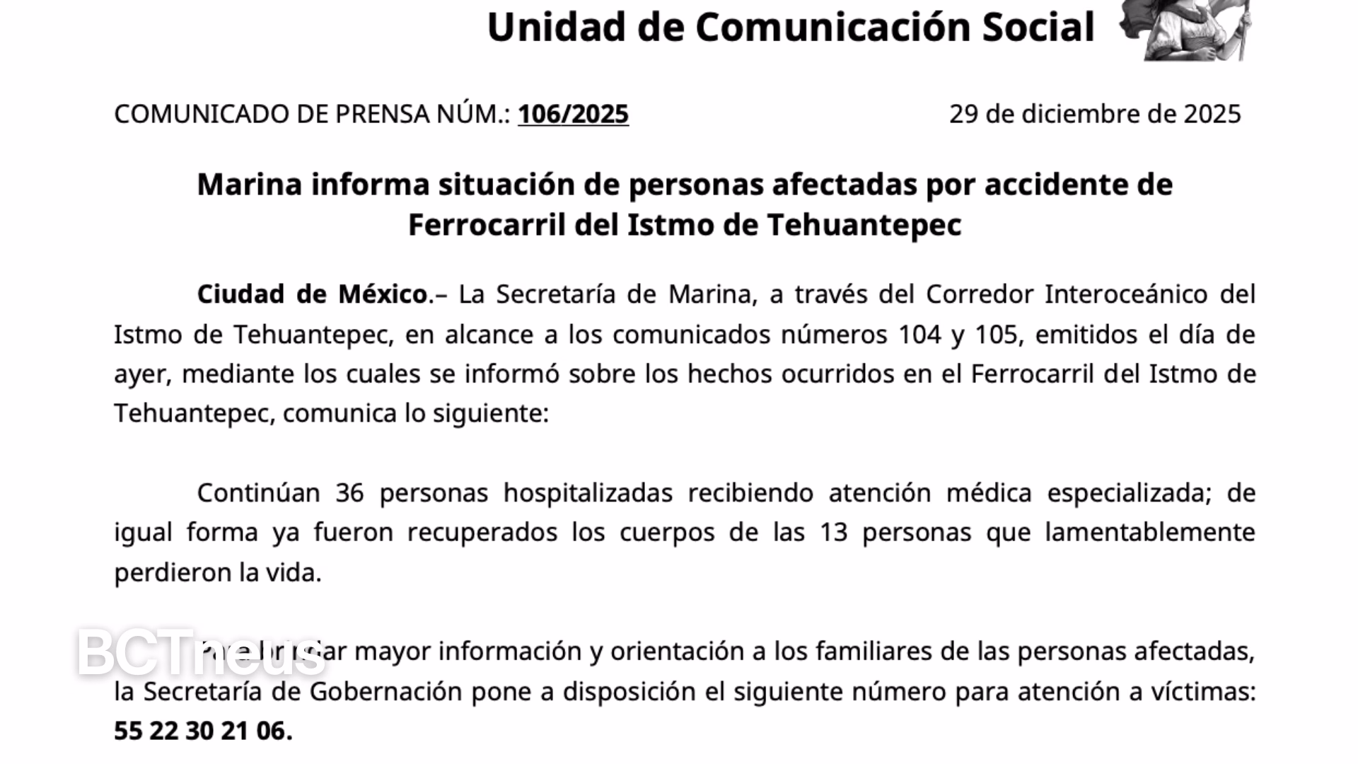 Articulo - Marina informa saldo actualizado por accidente en el Ferrocarril del Istmo de Tehuantepec