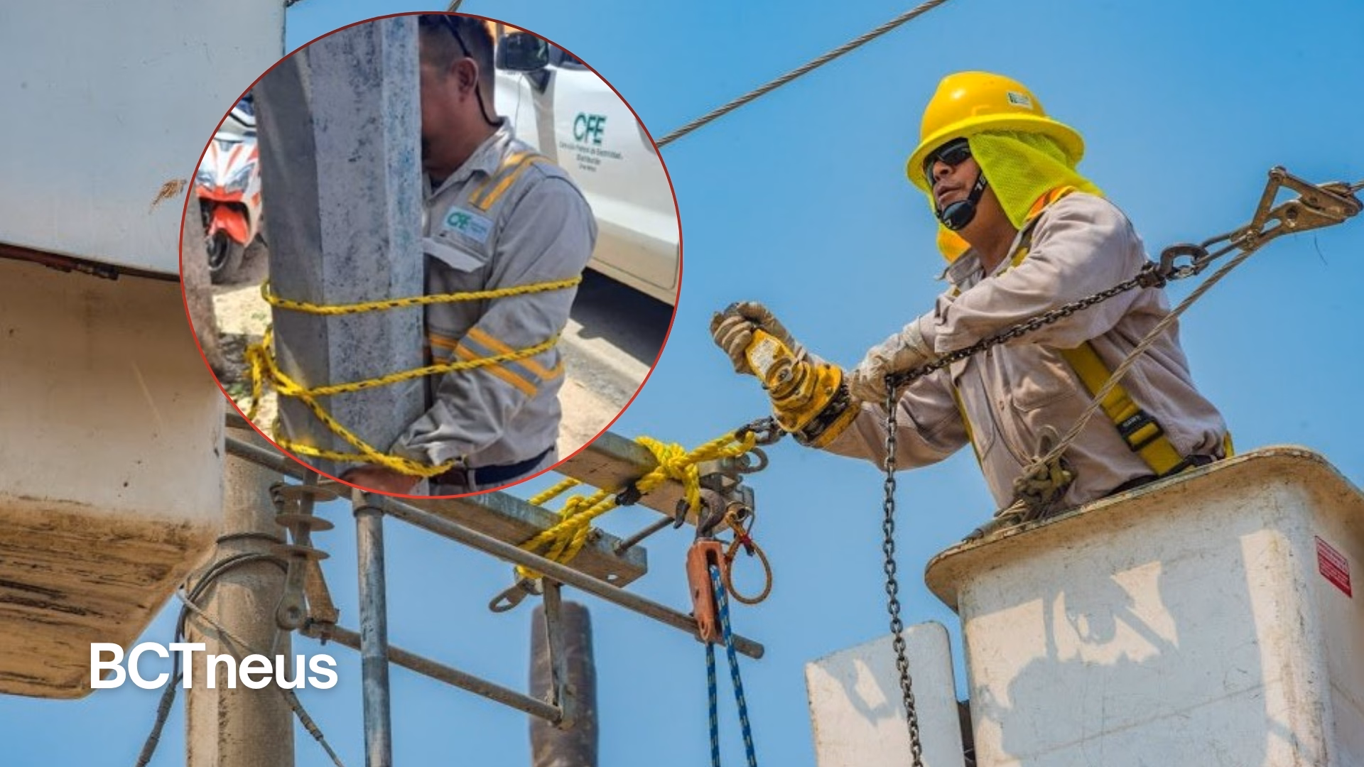 Articulo - En Yucatán amarran de un poste de luz a trabajador de la CFE